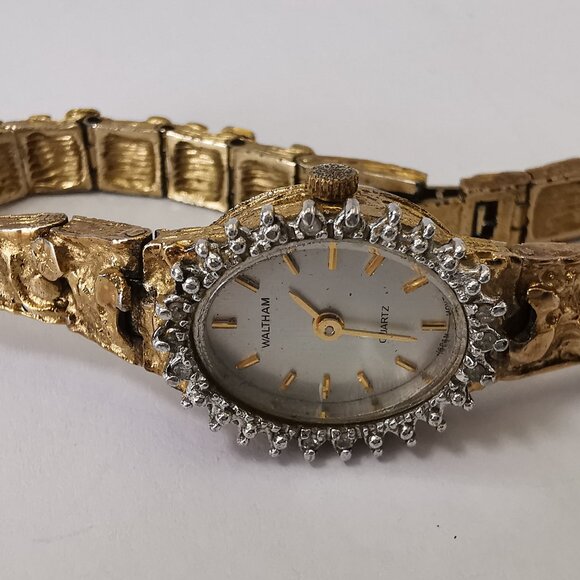 Vtg Waltham Ladies 15mm Watch Gold Nugget Style Band w Diamonds- RUNS - Picture 14 of 15